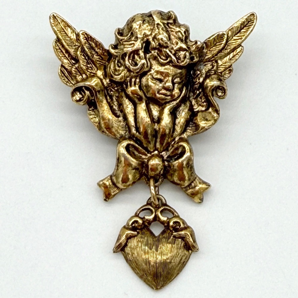 Vintage Cherub Angel Brooch Gold Tone Dangle Heart Victorian‎ Style USA Pin